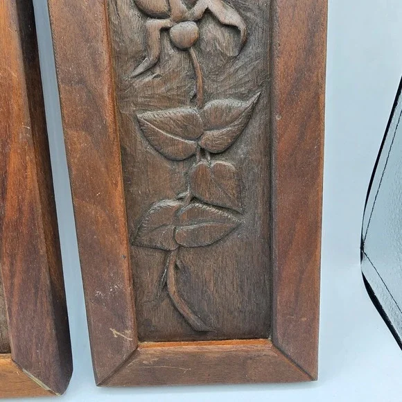 2 Antique Vtg Handcarved Wooden Panel Upcycled Plant Flower Wall Hangings